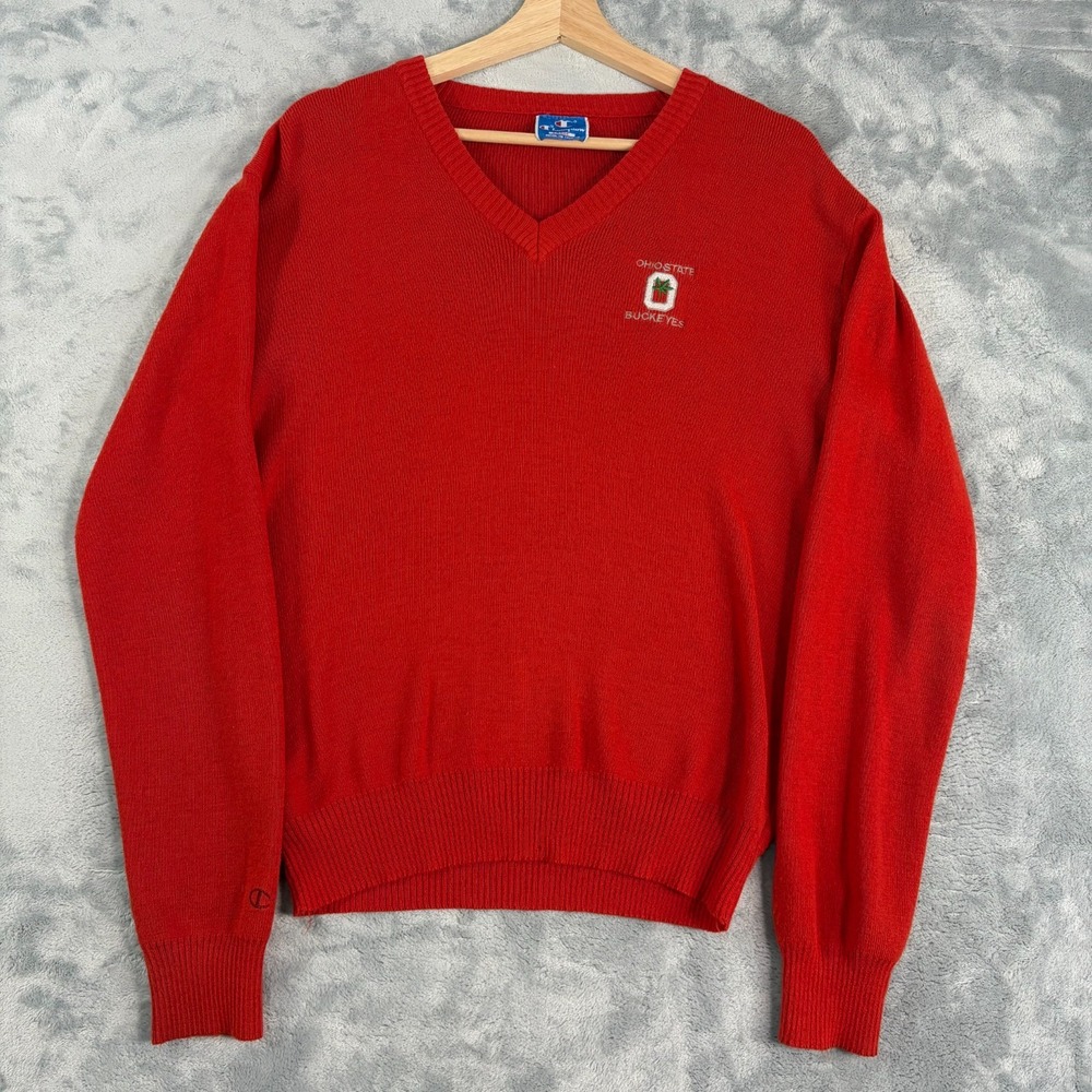 Vintage 80's Champion Mens Large Ohio State V-neck Sweater Buckeyes Red Grandpa